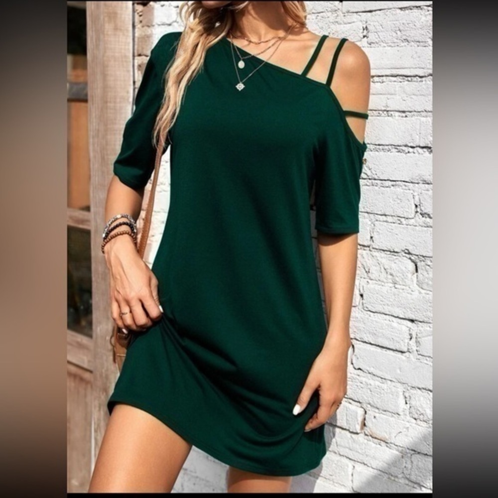 SHEIN LUNE Solid Dark Green Asymmetrical Neck Tee Dress Size large